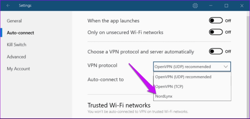 NordVPN application setting menu